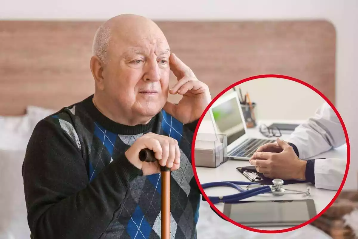 Montaje con una persona mayor con la mano en la cabeza y un círculo en el que aparece la mesa de un médico y sus manos