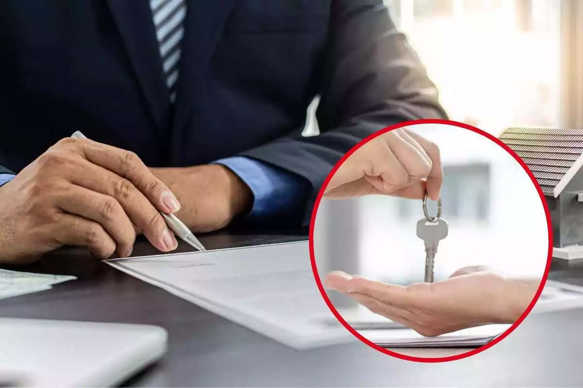 Montaje con una persona revisando un contrato y un círculo con unas llaves a punto de ser entregadas