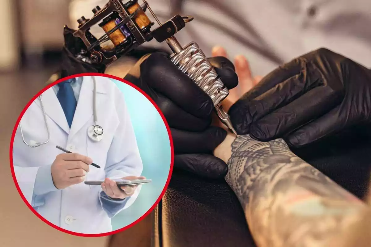 Montaje con una persona tatuándose el brazo y un círculo con el plano detalle de un médico con bata blanca