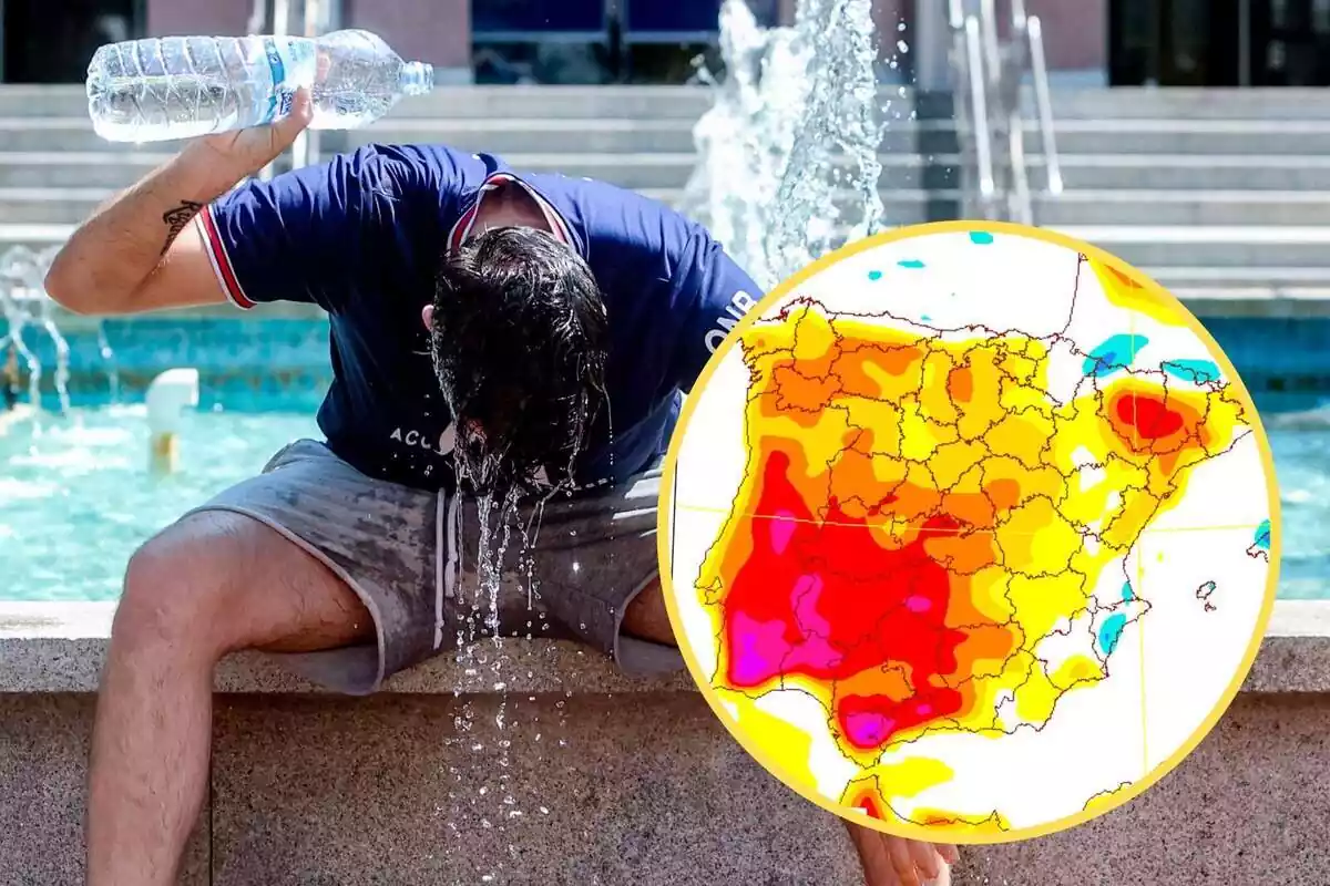 Montaje con una persona sentada tirándose agua en la cabeza y un círculo con el mapa de temperaturas de la AEMET
