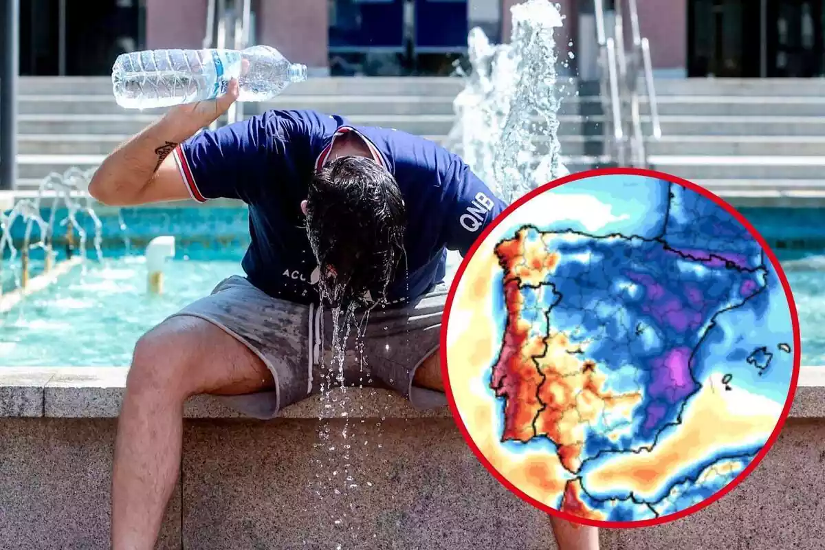 Montaje con un hombre tirándose el agua de una botella a la cabeza y un círculo con el mapa radar de temperaturas