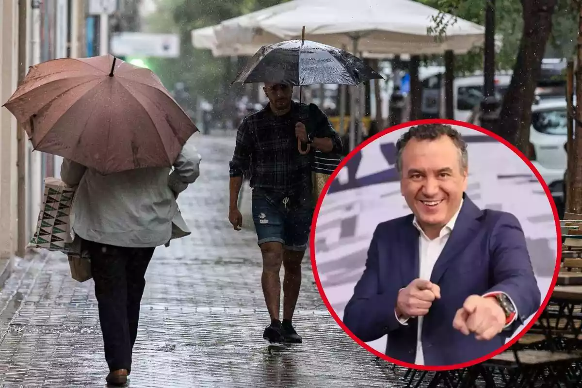 Montaje con dos personas con paraguas andando por la calle en pleno temporal de lluvia y un círculo en el que aparece Roberto Brasero