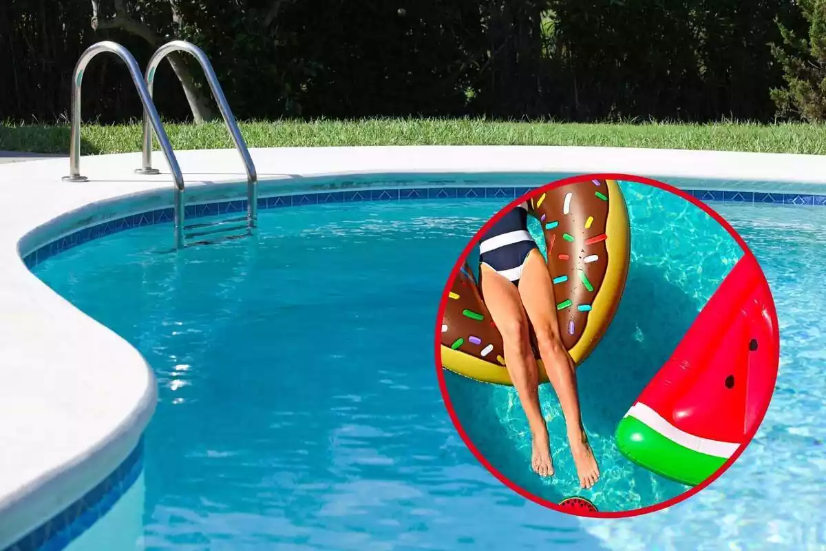 Montaje con una piscina exterior con escalera y un círculo con dos hinchables