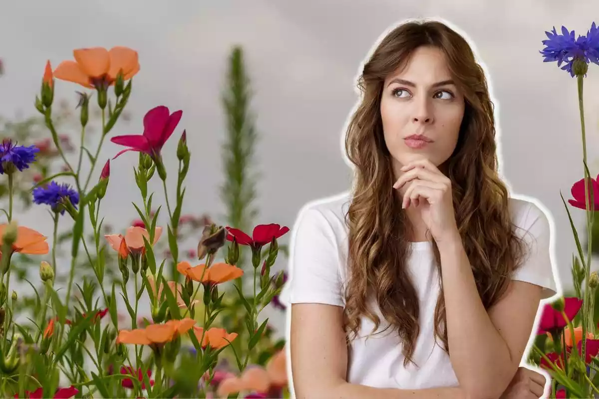 Montaje con varias plantas y flores de colores y una mujer con cara de estar pensando