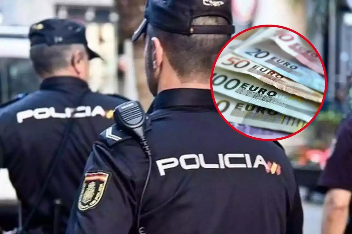 Montaje de dos policías de espalda con una redonda de billetes de euro