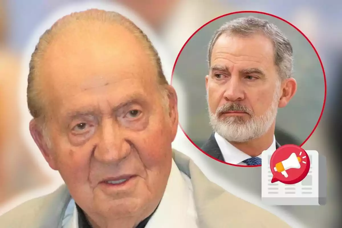 Juan Carlos I y Felipe VI con expresión seria, uno en primer plano y otro en un círculo rojo en la esquina superior derecha, con un icono de megáfono y periódico en la parte inferior. Juan Carlos I y Felipe VI con expresión seria, uno en primer plano y otro en un círculo rojo en la esquina superior derecha, con un icono de megáfono y periódico en la parte inferior.