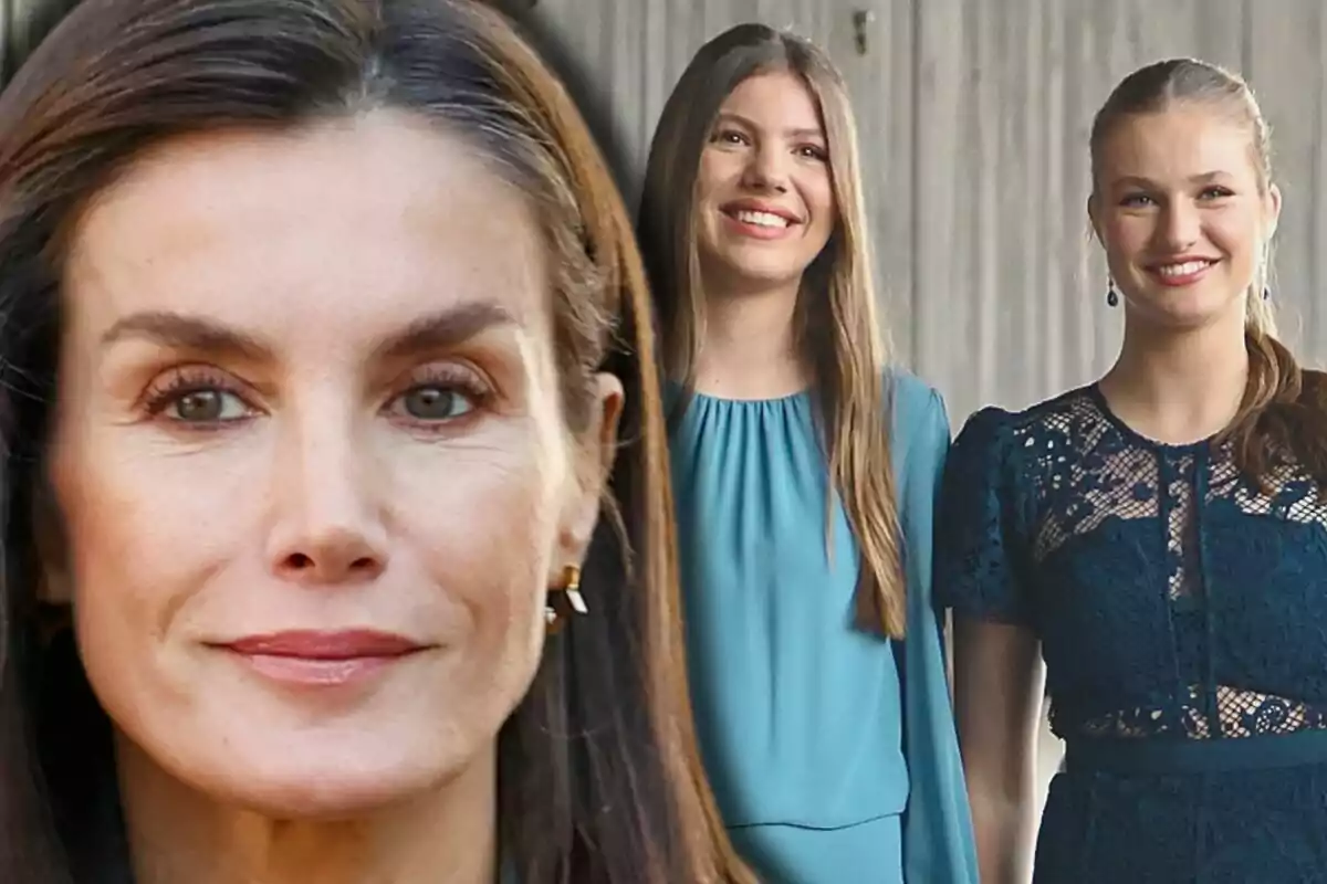 La reina Letizia, la infanta Sofía y la princesa Leonor posan juntas, una en primer plano y dos en el fondo, todas con expresiones sonrientes y vestidas elegantemente. La reina Letizia, la infanta Sofía y la princesa Leonor posan juntas, una en primer plano y dos en el fondo, todas con expresiones sonrientes y vestidas elegantemente.