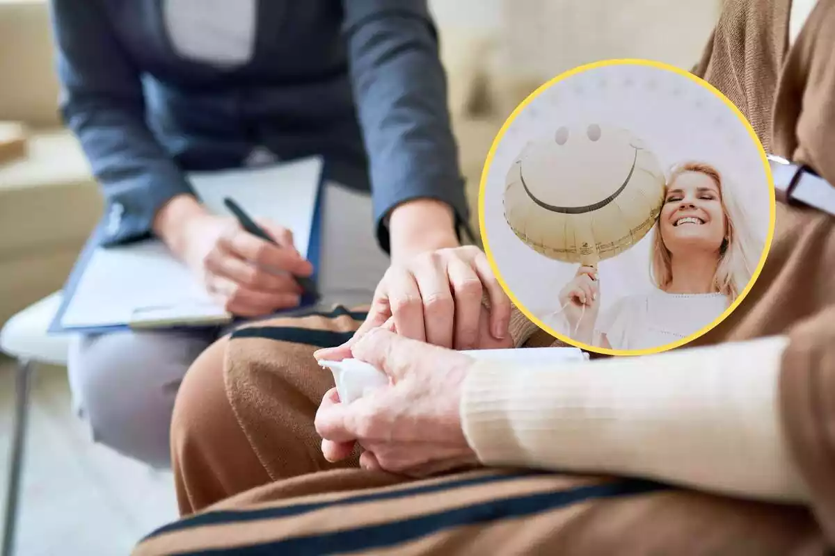 Montaje de la parte del cuerpo inferior de una psicóloga apoyando a su paciente y una redonda con una mujer y un globo mostrando felicidad