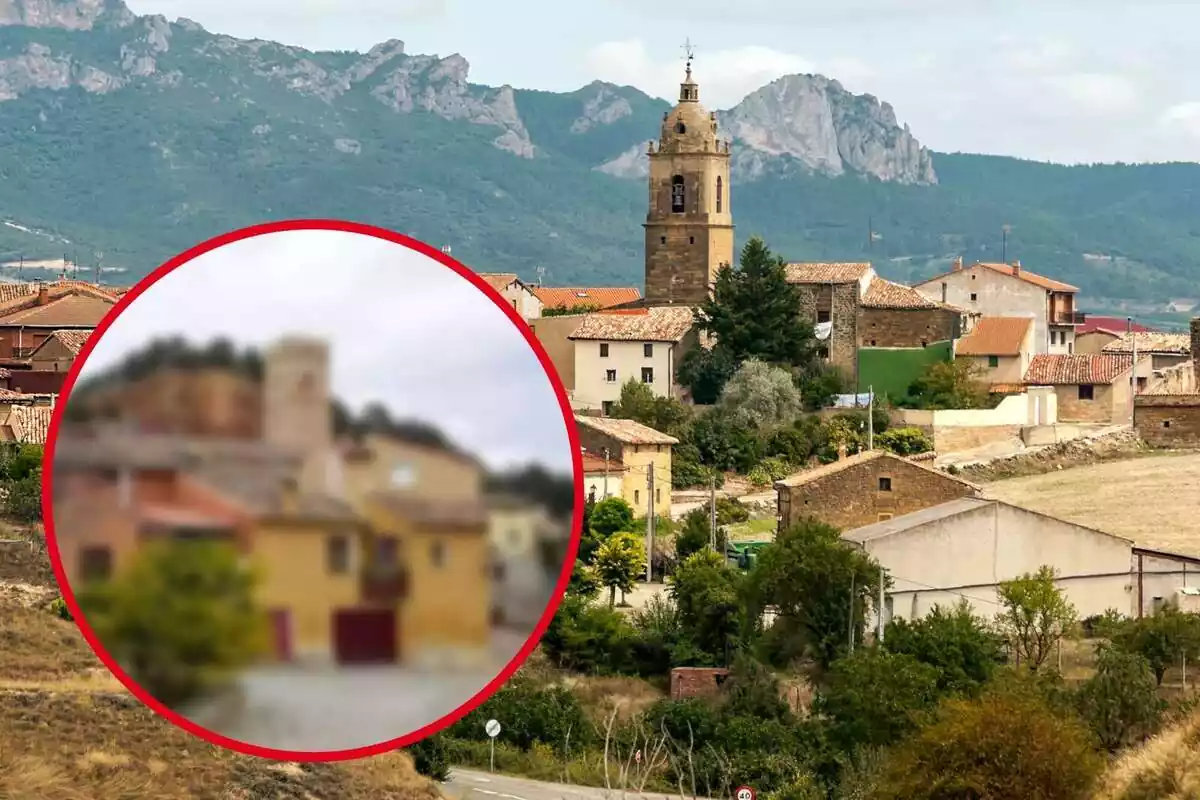 Montaje con una imagen de un pueblo rodeado de montañas y árboles y un círculo con el pueblo español borroso