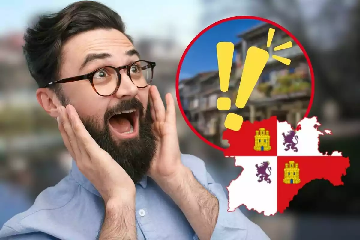 Hombre con barba y gafas, con expresión de sorpresa, junto a un gráfico que muestra un mapa y un signo de exclamación amarillo.