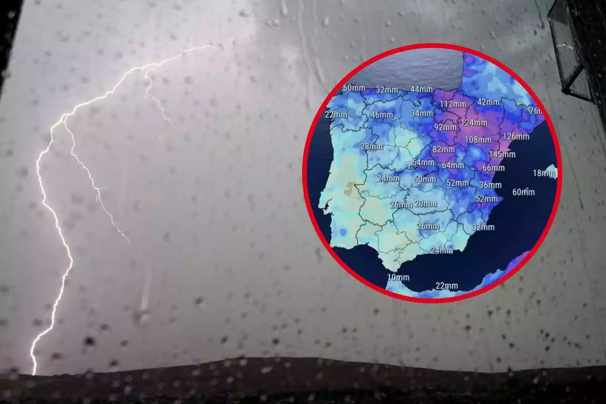 Montaje de un rayo a través de una ventana y una redonda con un mapa meteorológico de lluvias