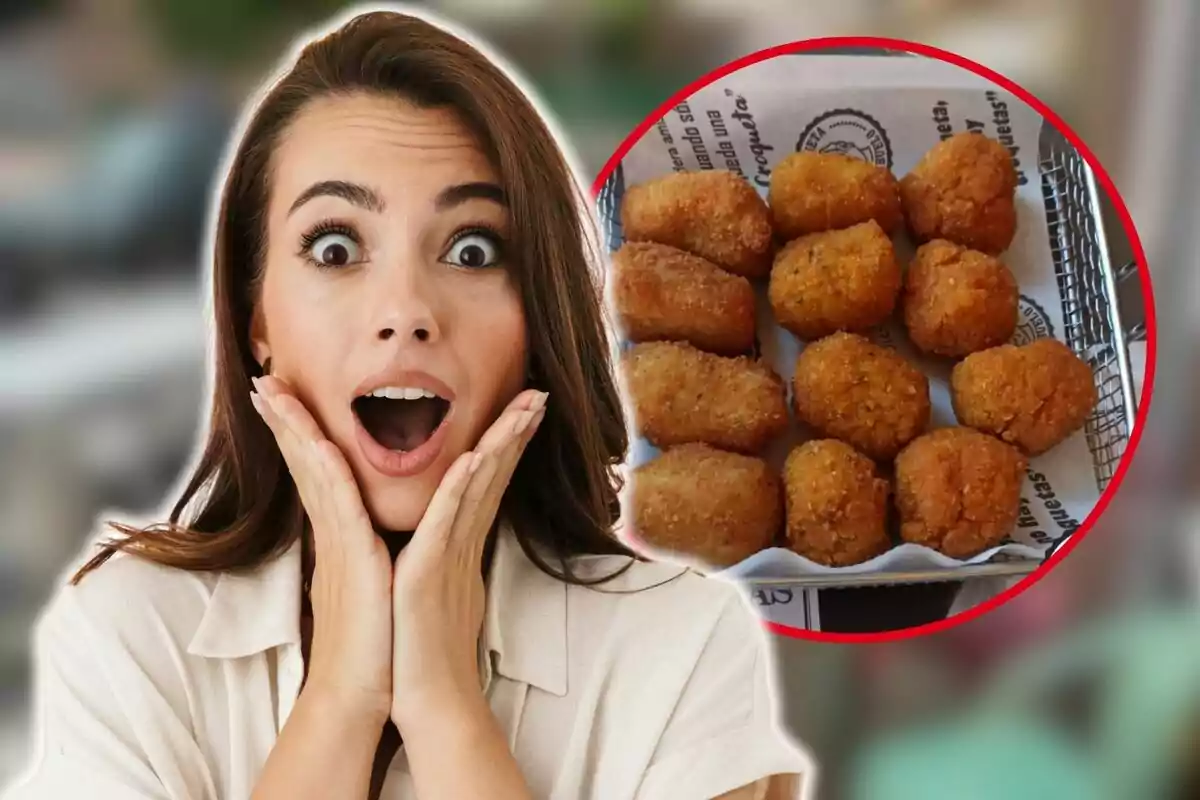 Una mujer con expresión de sorpresa y una imagen de croquetas fritas en un círculo rojo.