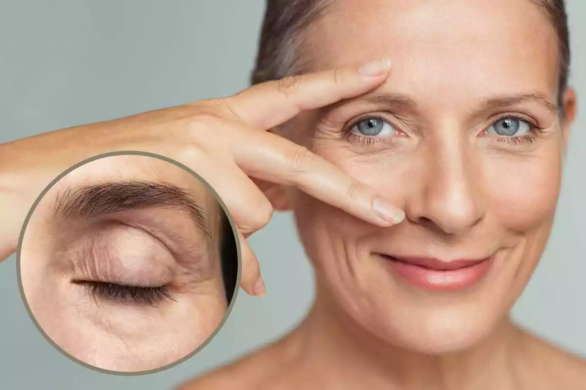Montaje con la cara de una mujer de edad avanzada y un círculo con un ojo cerrado con ojera