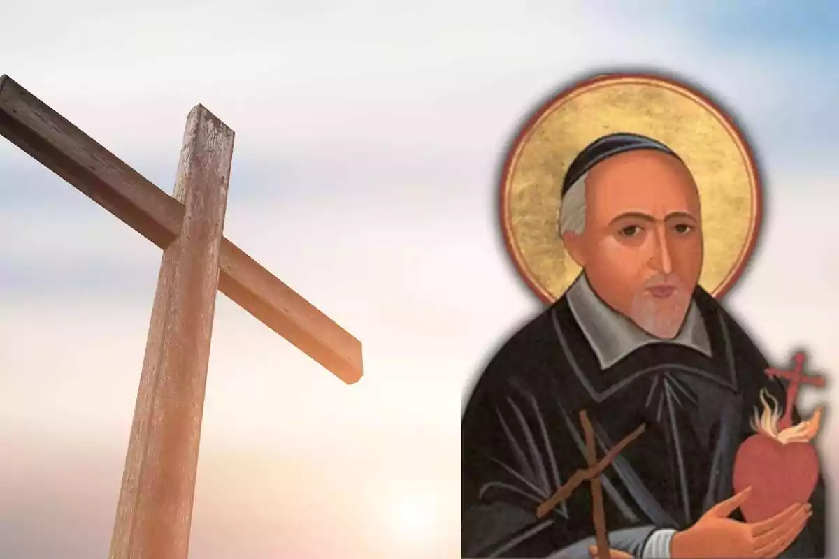 Montaje de una cruz y el retrato de San Juan Eudes con un corazón y una cruz en las manos