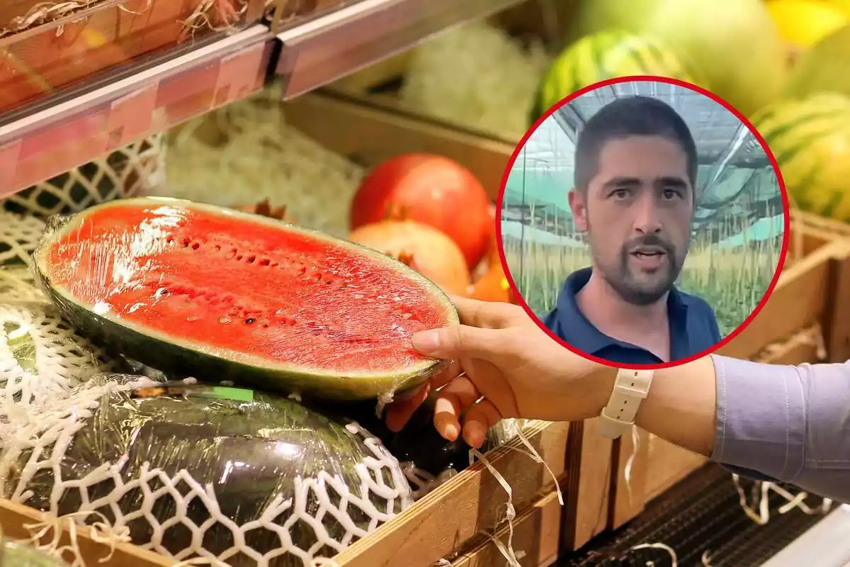 Montaje de sandías en el supermercado y una redonda con la cara del agricultor 'Cortacurro'