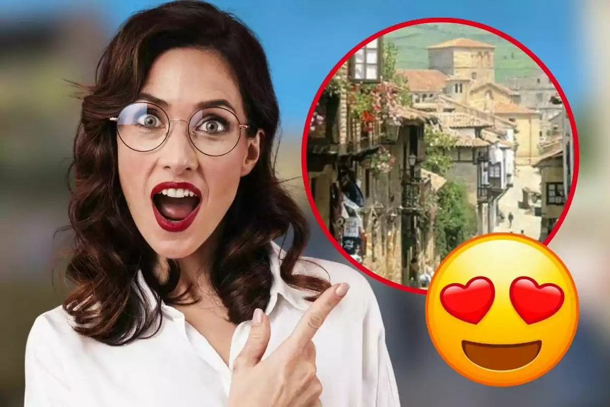 Mujer con gafas y expresión de sorpresa señalando una imagen circular de un pueblo con un emoji de ojos de corazón.