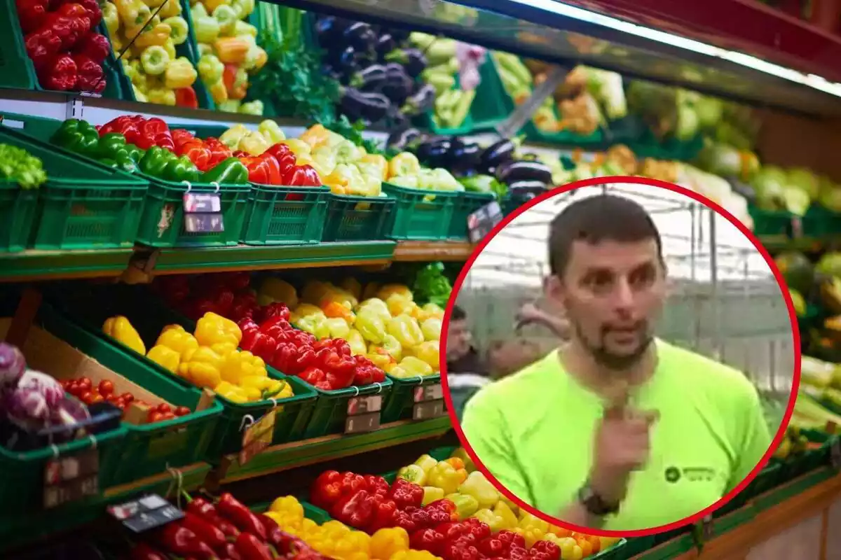 Montaje con una imagen de la sección de verduras de un supermercado y un círculo con la cara del agricultor Manuel Puertas