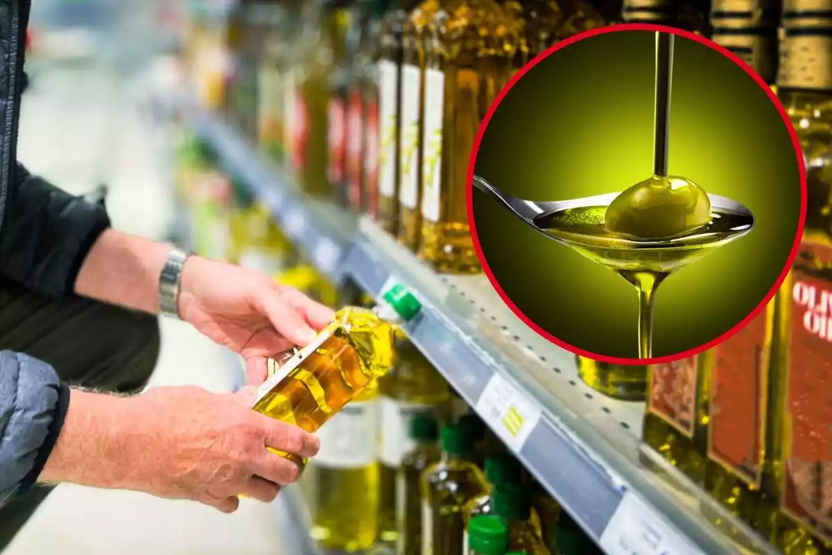 Montaje con una persona cogiendo una botella de aceite de oliva y un círculo con una cuchara con una aceituna llena de aceite de oliva