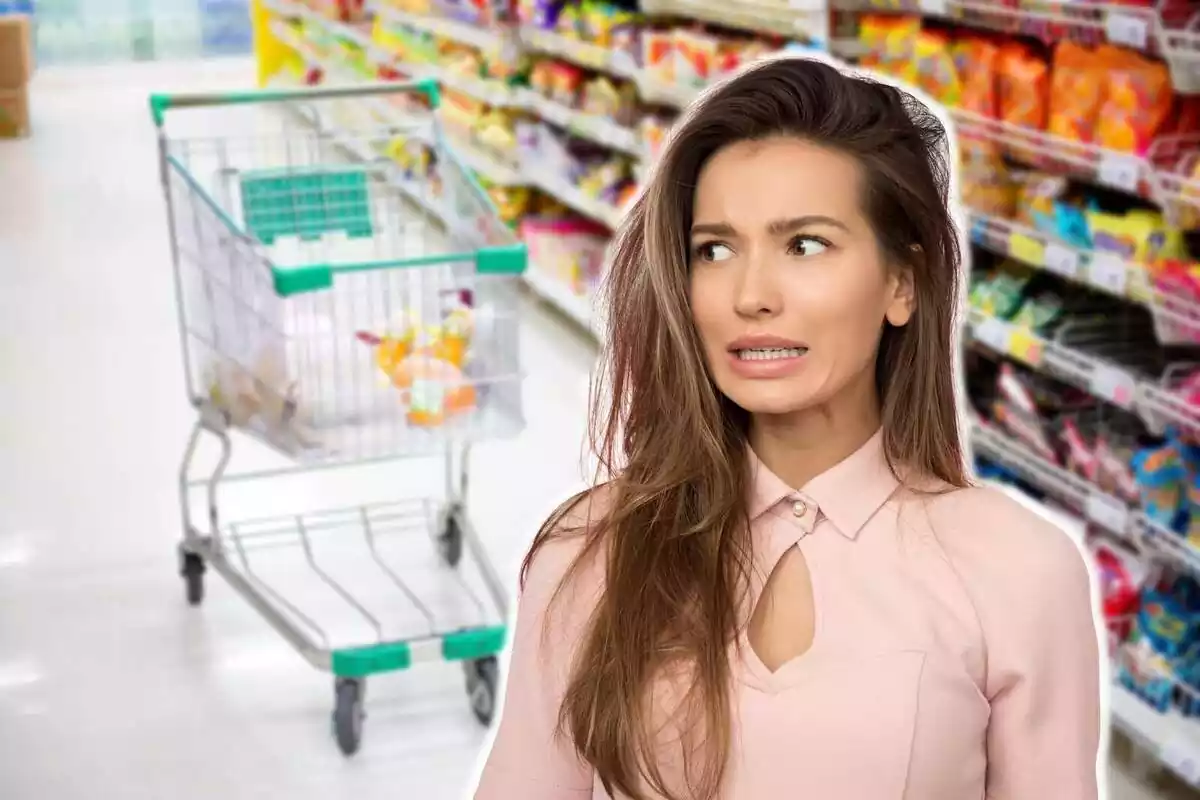 Montaje con un carrito en el pasillo de un supermercado y una mujer con cara de estar flipando