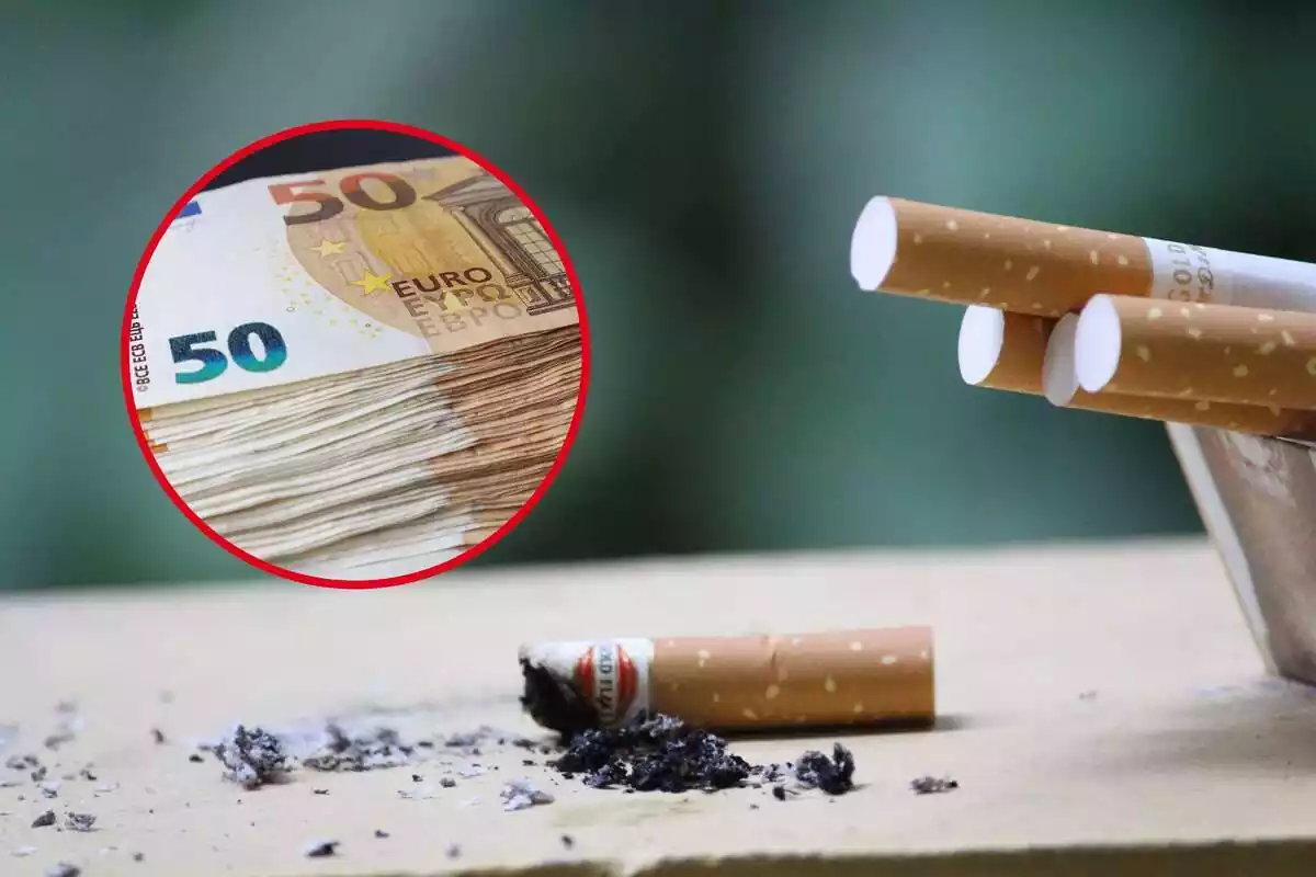 Montaje de tabaco y una redonda con billetes de euro