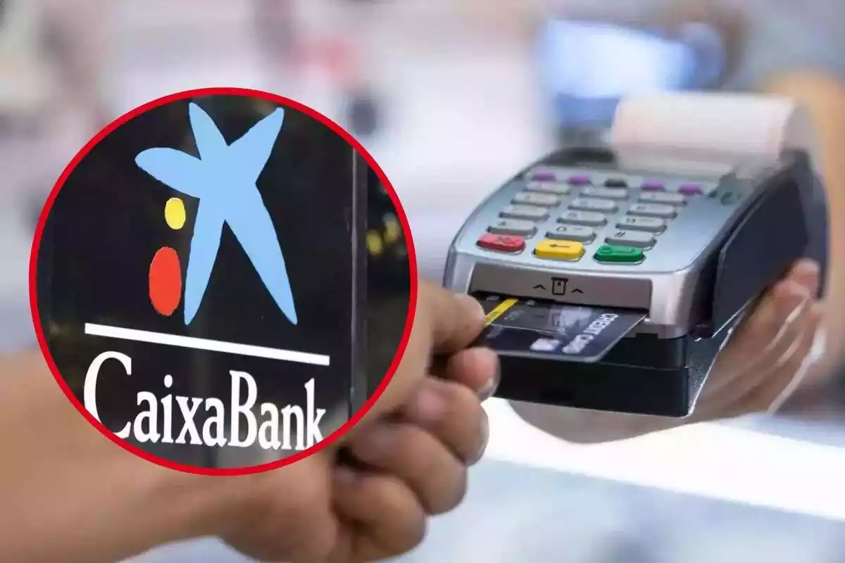 Montaje con una imagen de una persona pagando con una tarjeta de crédito y un círculo con el logo de CaixaBank