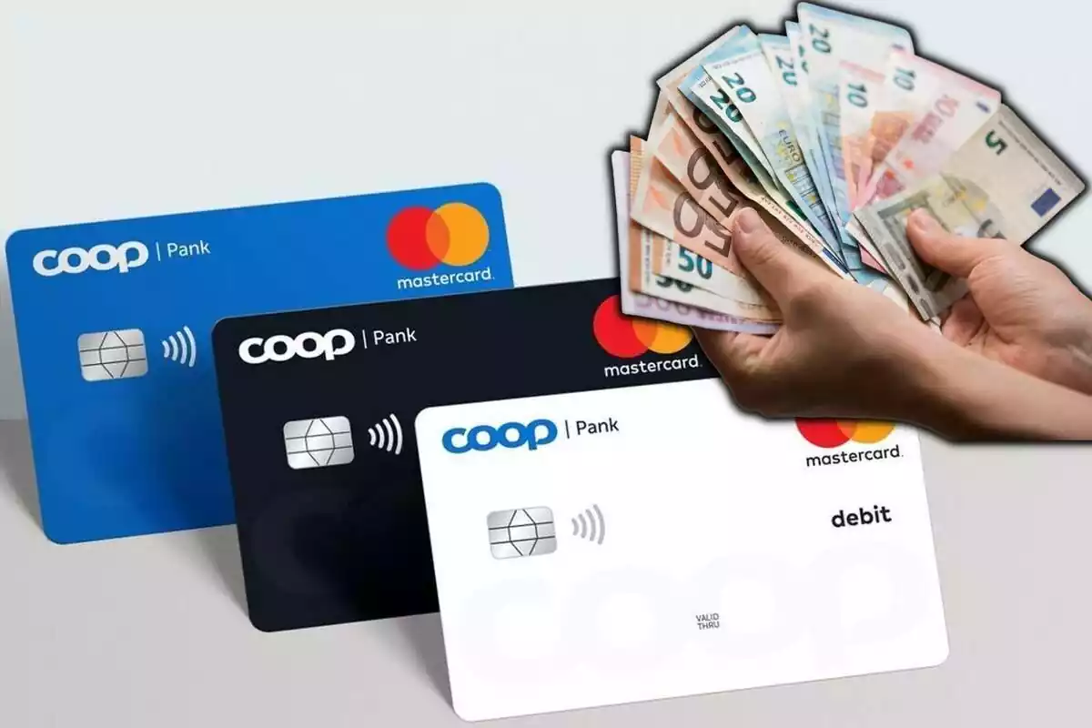Montaje de 3 tarjetas de Coop Pank y unas manos sujetando varios billetes de euro