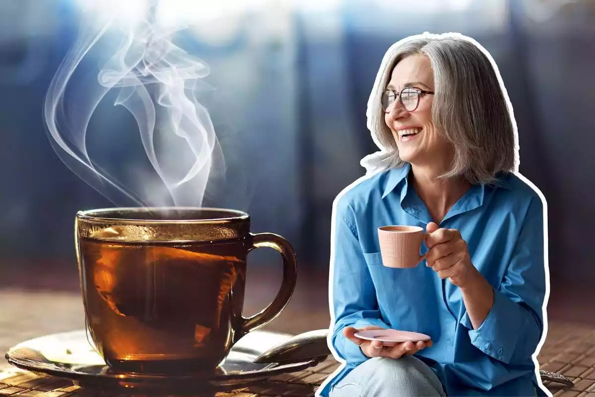 Montaje de una taza de té sacando humo y una mujer con una taza en la mano
