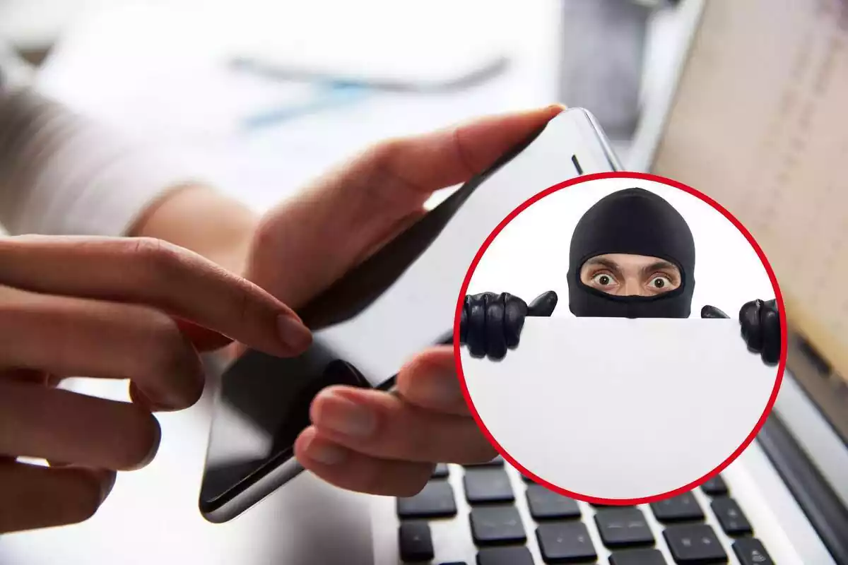 Montaje de una persona utilizando un móvil y una redonda con un ladrón