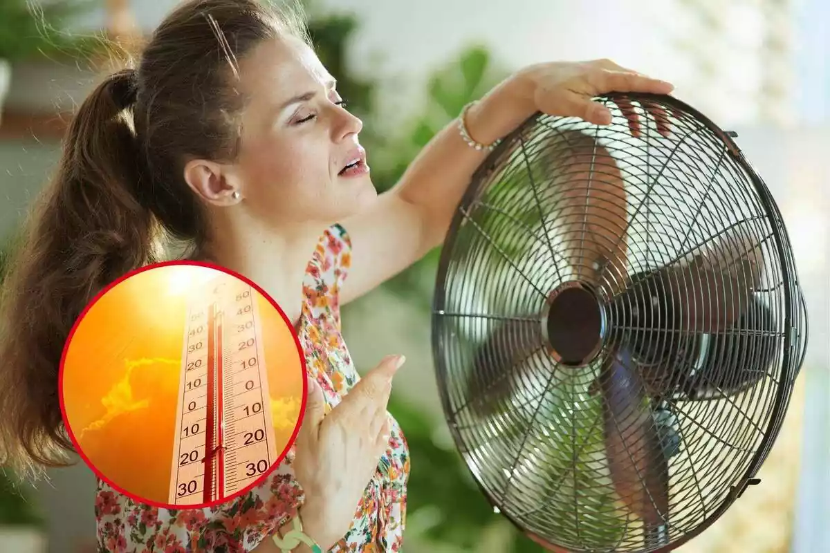 Montaje de una mujer delante de un ventilador con mucha calor junto a la imagen de un termómetro con altas temperaturas