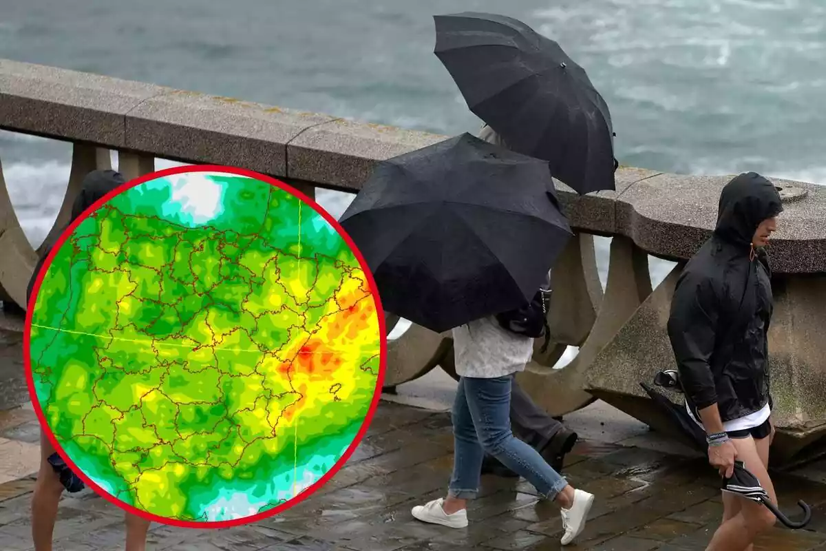 Montaje con un temporal de lluvia y gente con paraguas por la calle y un círculo con el mapa de precipitaciones de la AEMET