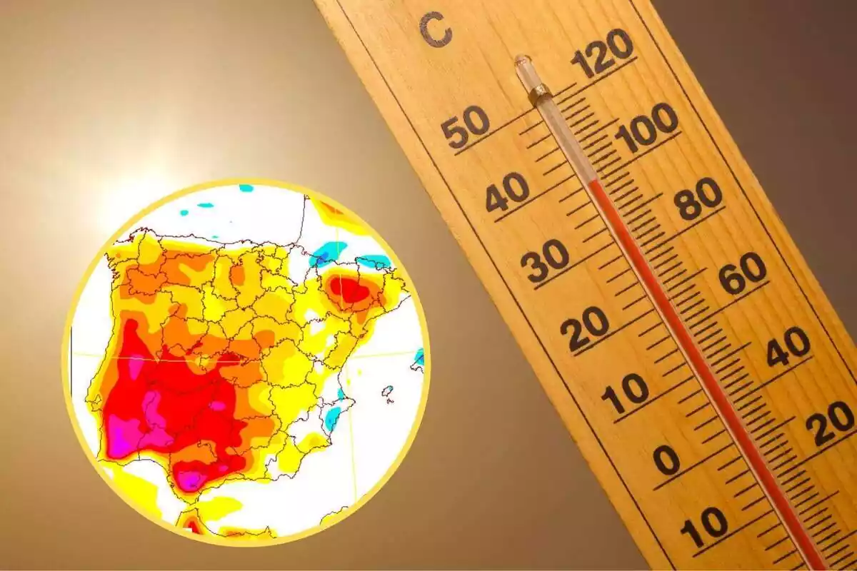 Montaje con una imagen de un termómetro y un círculo con el mapa de temperaturas máximas de la AEMET