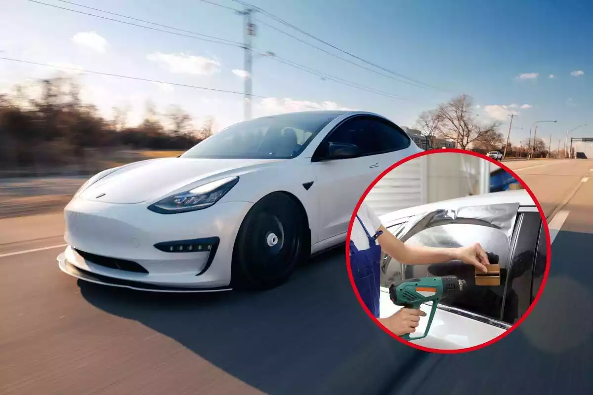 Montaje de un coche blanco de la marca Tesla y una redonda con una reparación de ventanilla