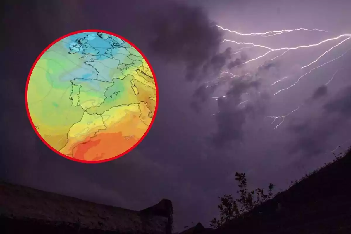 Montaje de una foto de fondo de tormenta con relámpagos y una redonda con un mapa meteorológico