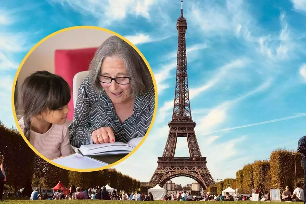 Montaje con la Torre Eiffel y gente sentada en el césped y un círculo con una abuela leyendo un libro a su nieta
