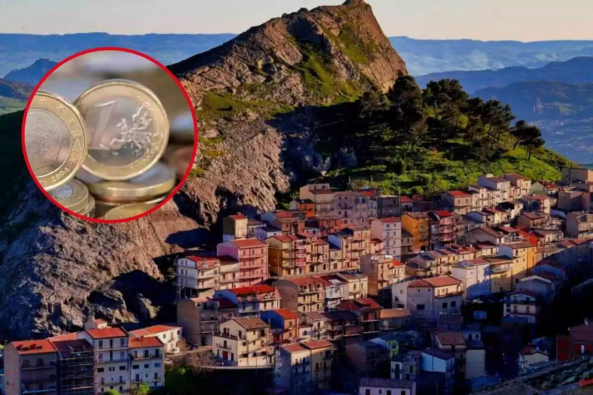 Montaje de Troina, un pueblo de Sicilia, Italia, con una imagen de una moneda de euro