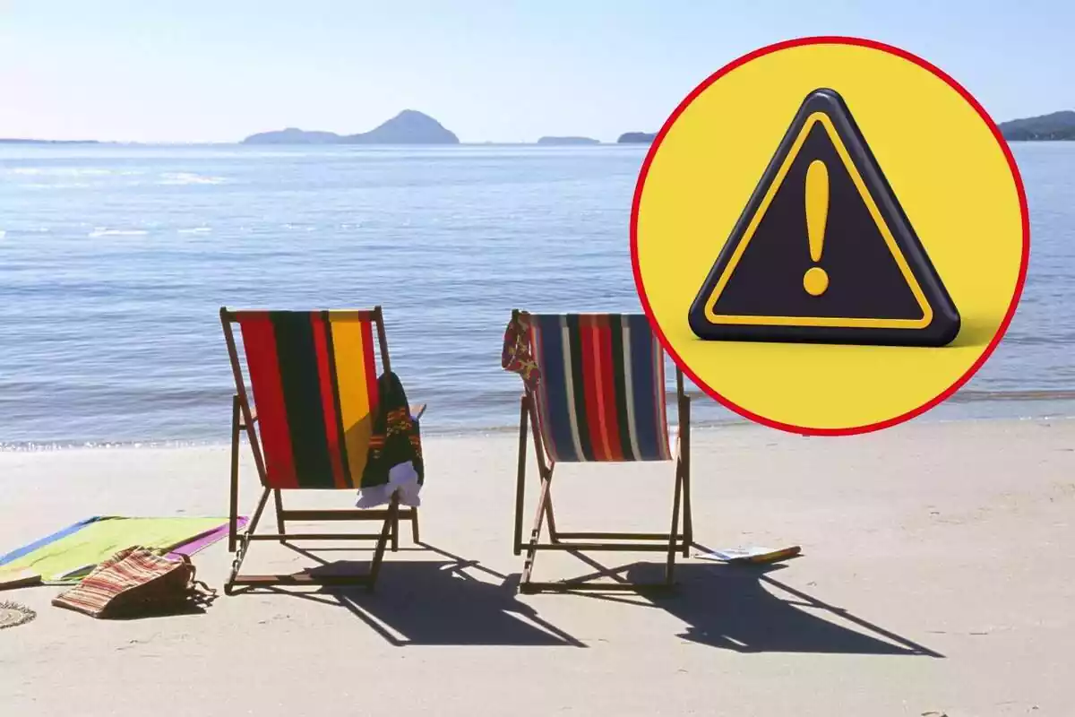 Montaje con unas tumbonas en la playa y un círculo con una señal de peligro