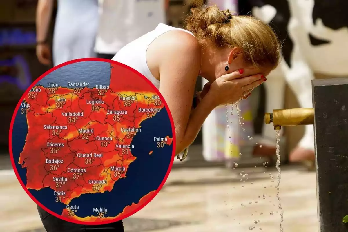 Montaje con una mujer mojándose la cara en una fuente y un círculo con el mapa de temperaturas de octubre de ElTiempo