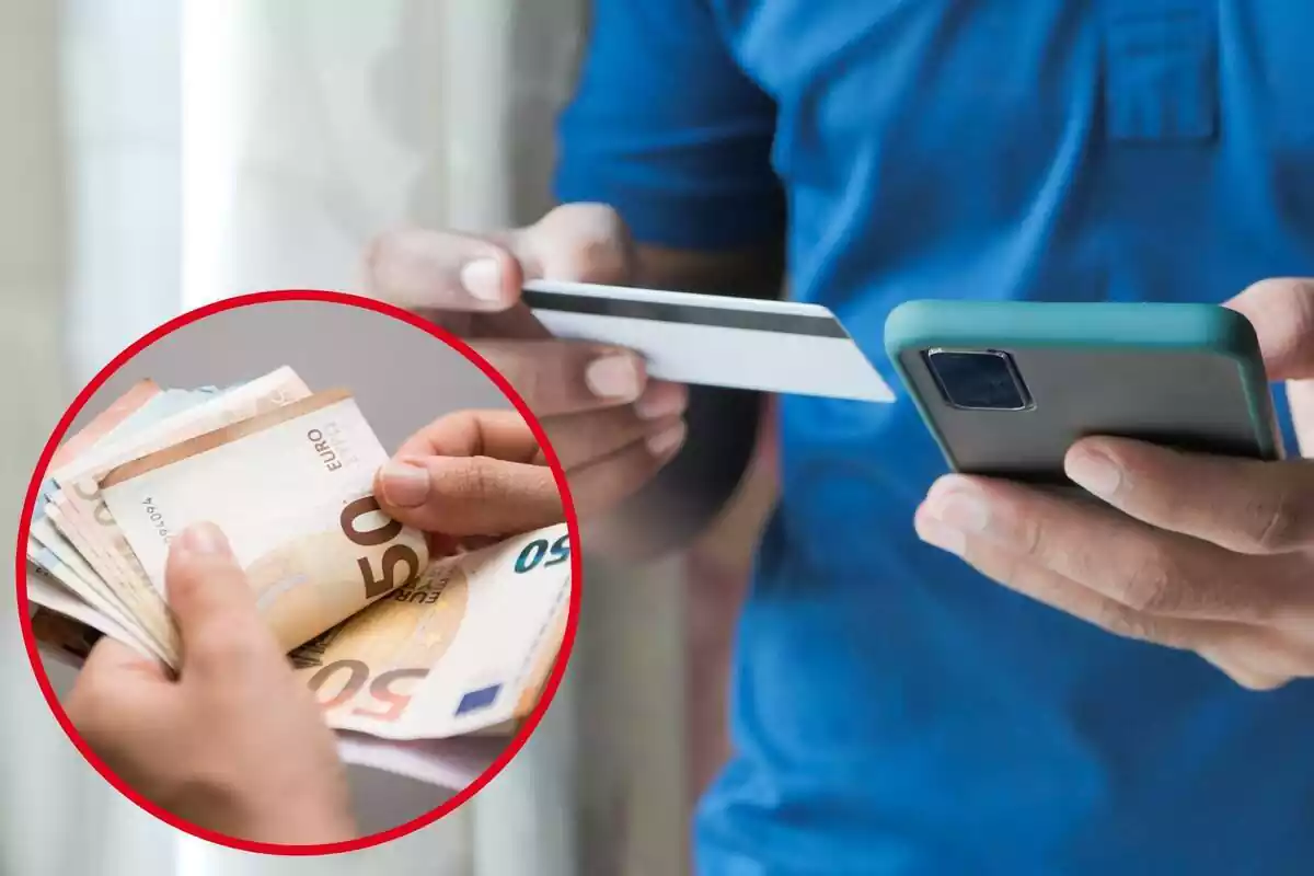 Imagen de fondo de una persona con un móvil y una tarjeta en la mano y otra de unas manos con billetes