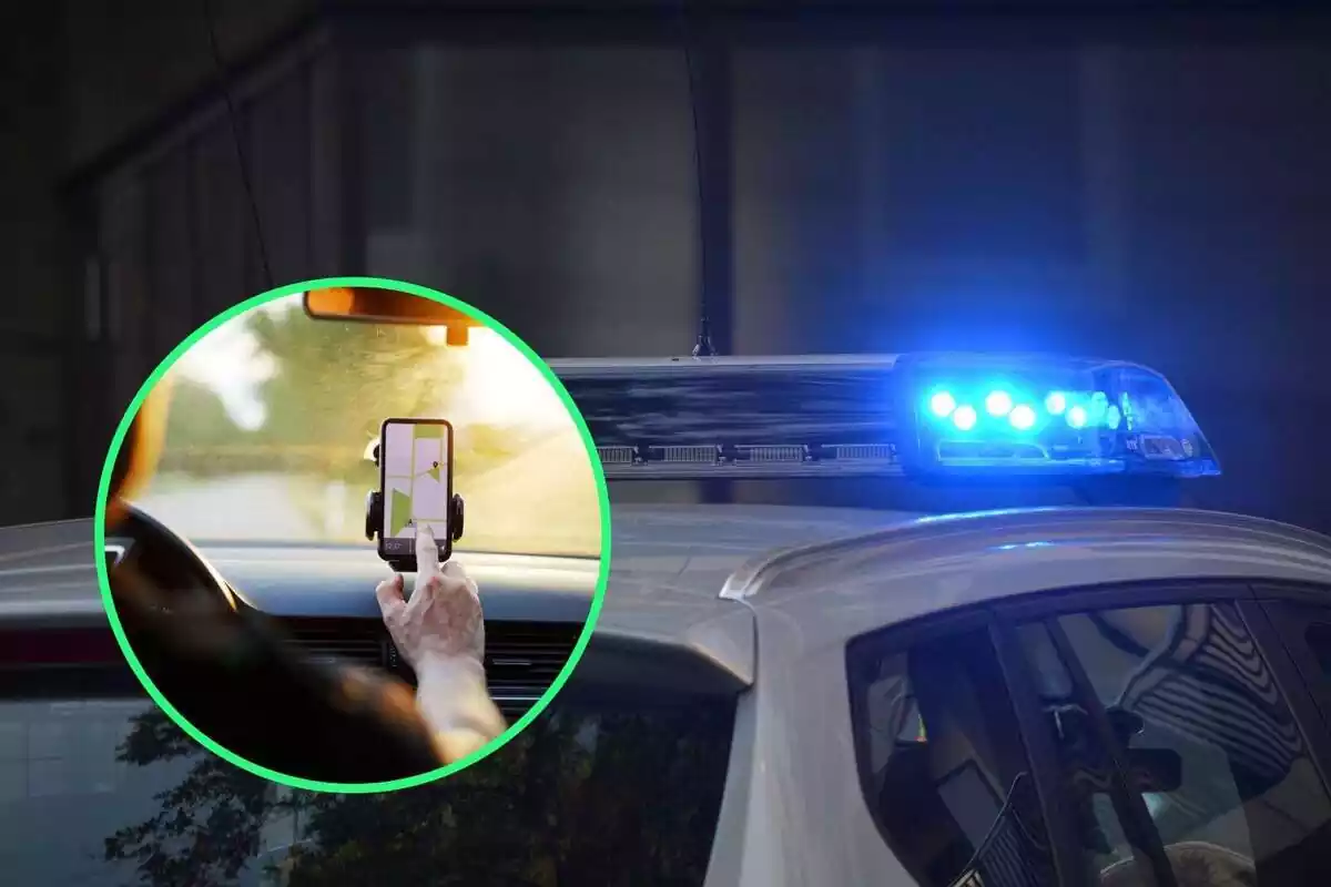 Montaje con coche de policía y con persona utilizando el GPS en el coche