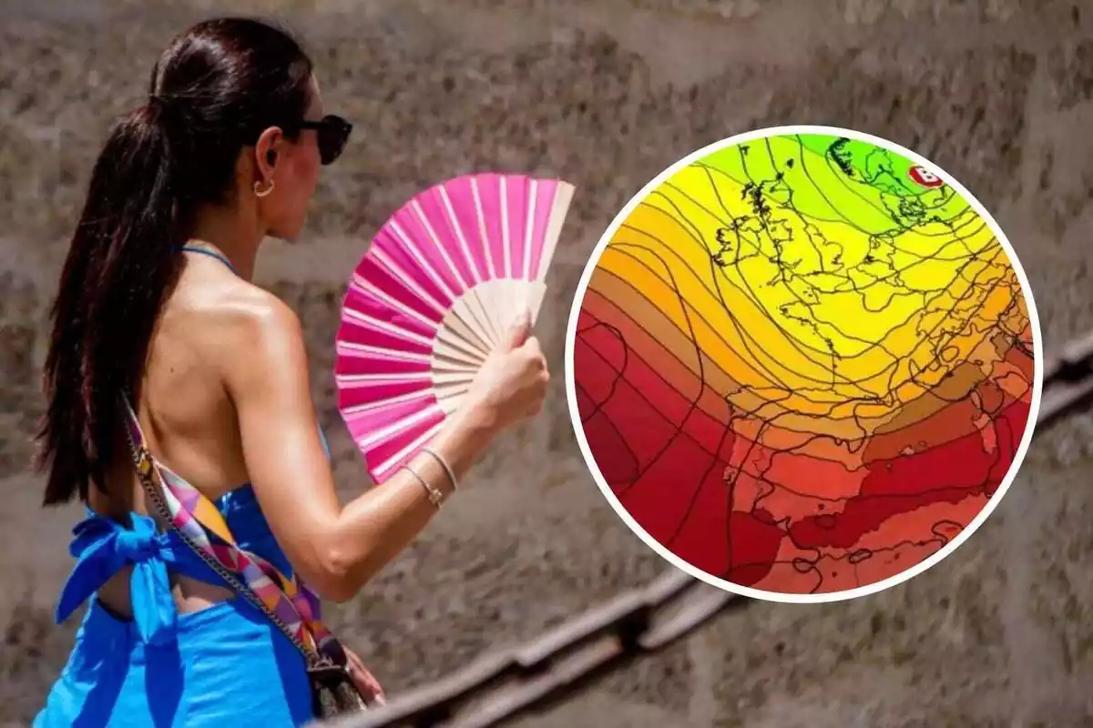 Montaje con una mujer usando el abanico y el mapa de temperaturas sobre Europa