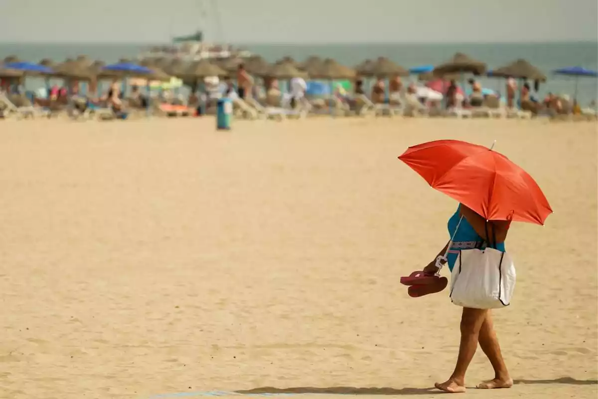 Mujer caminando descalza por la playa con las chanclas en la mano y una sombrilla naranja