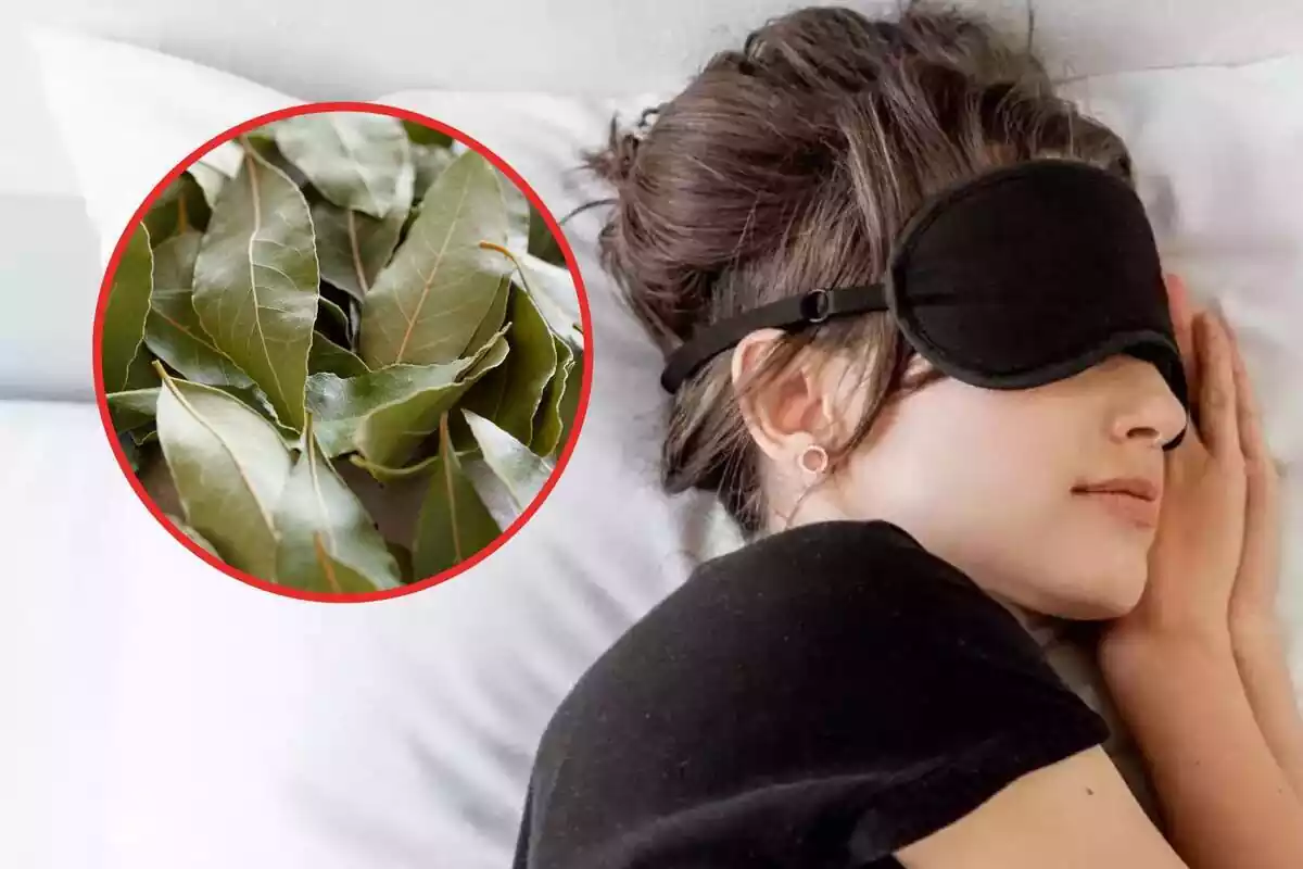 Una mujer durmiendo con un antifaz y unas hojas de laurel en un círculo