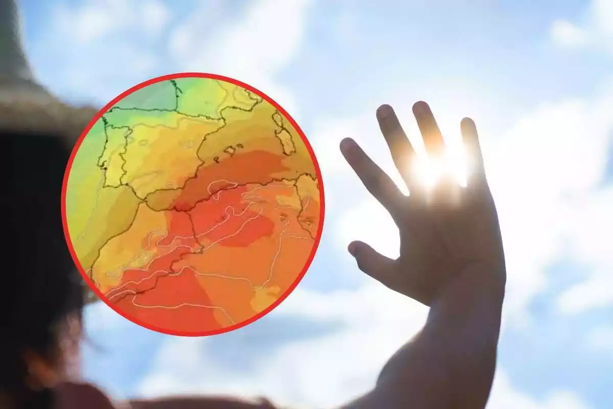 Una mujer con la mano alzada mirando al sol y un mapa con la ola de calor