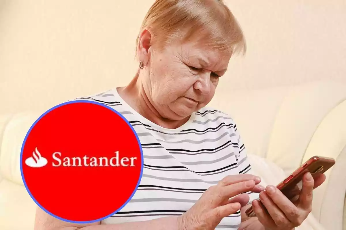 Mujer mayor con móvil y logo de Banco Santander