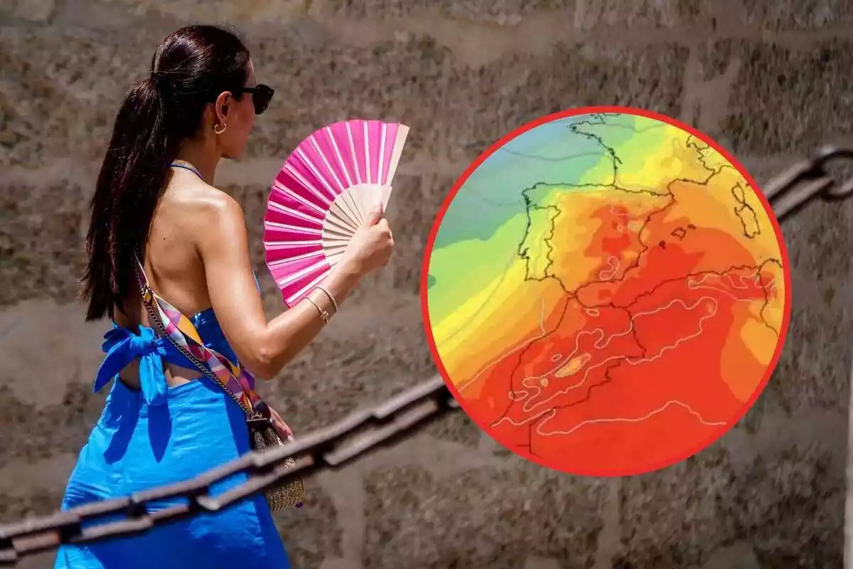 Una mujer abanicándose y un mapa con la ola de calor