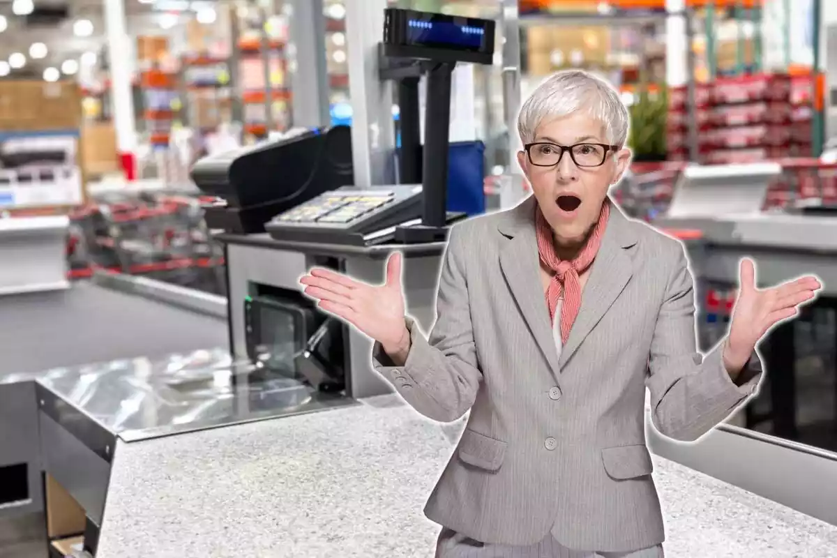 Mujer sorprendida y de fondo una caja de cobro de supermercado