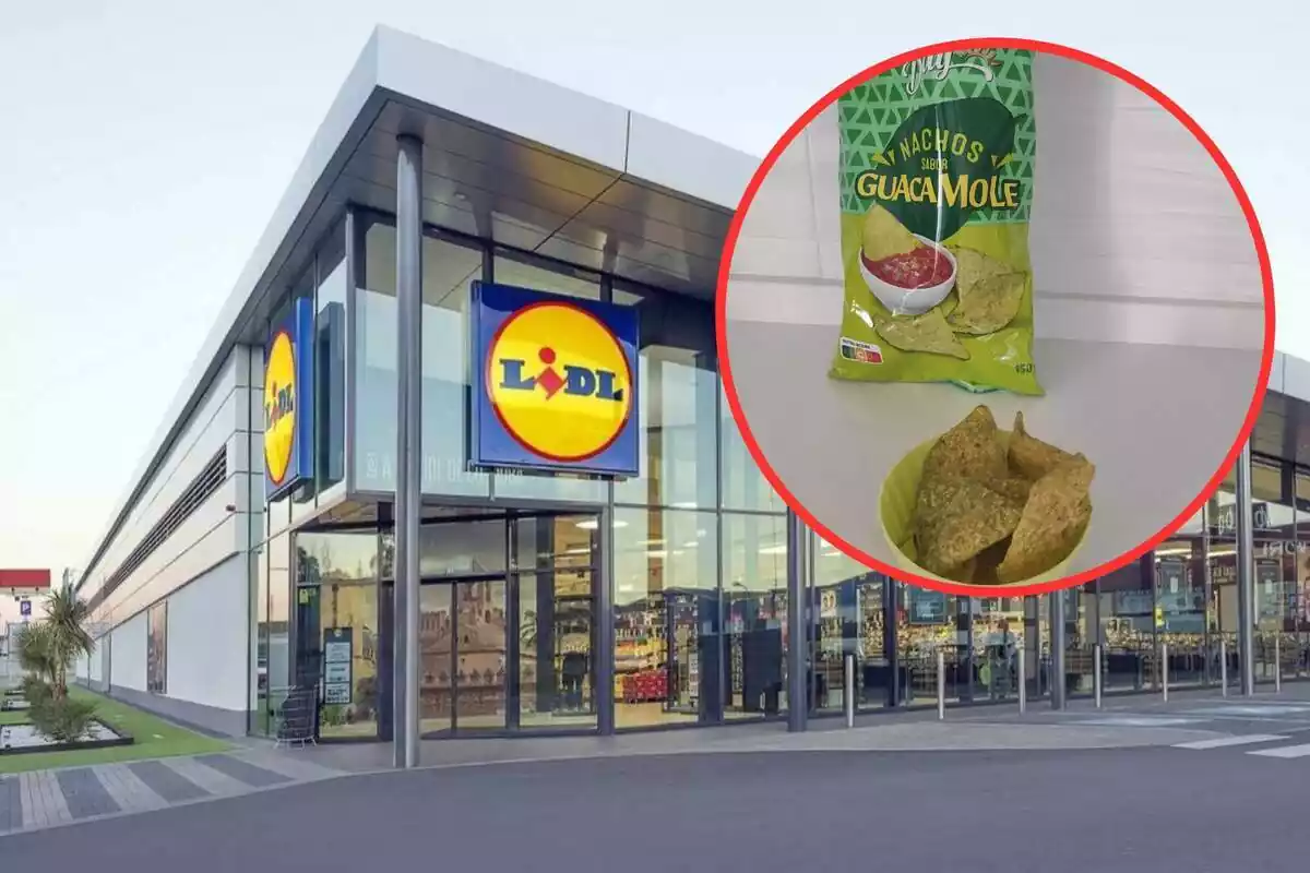 montaje de foto de supermercado lidl con los nachos de guacamole de esta misma marca