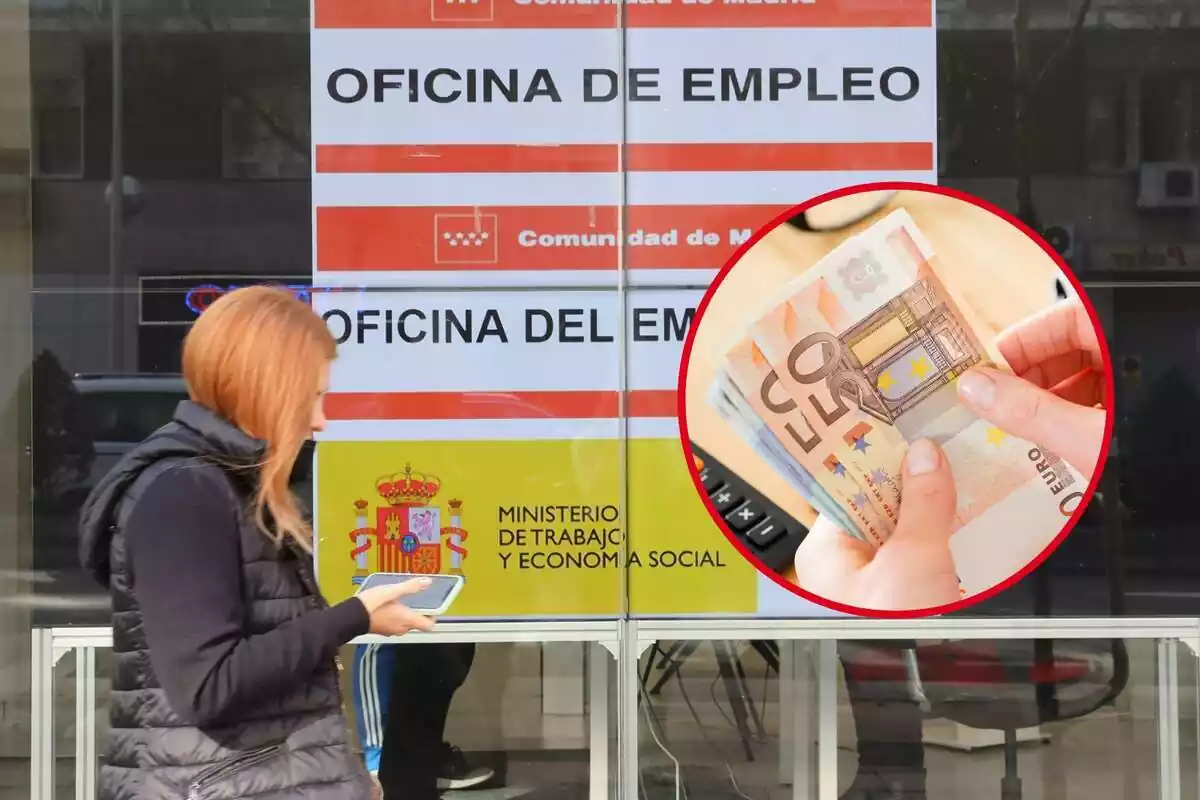 Una mujer pasando por delante de una oficina de empleo y unos billetes de euro