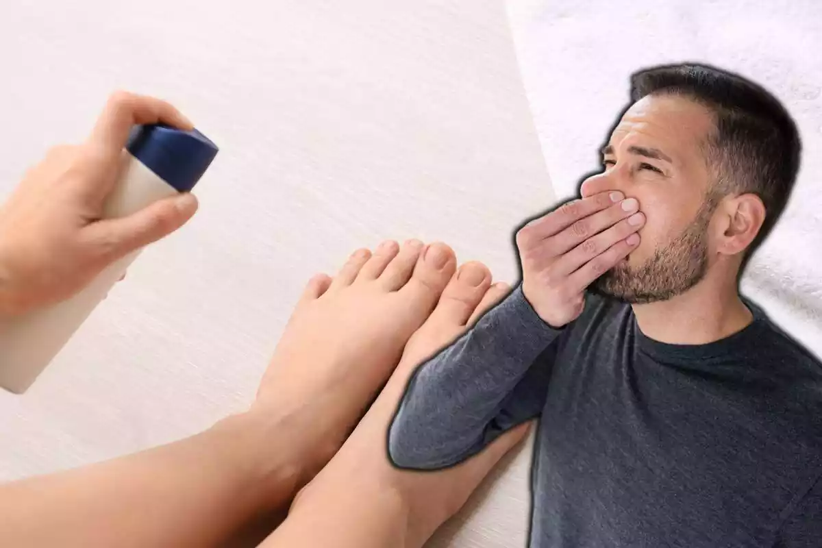 Persona echándose desodorante de pies y hombre tapándose la nariz