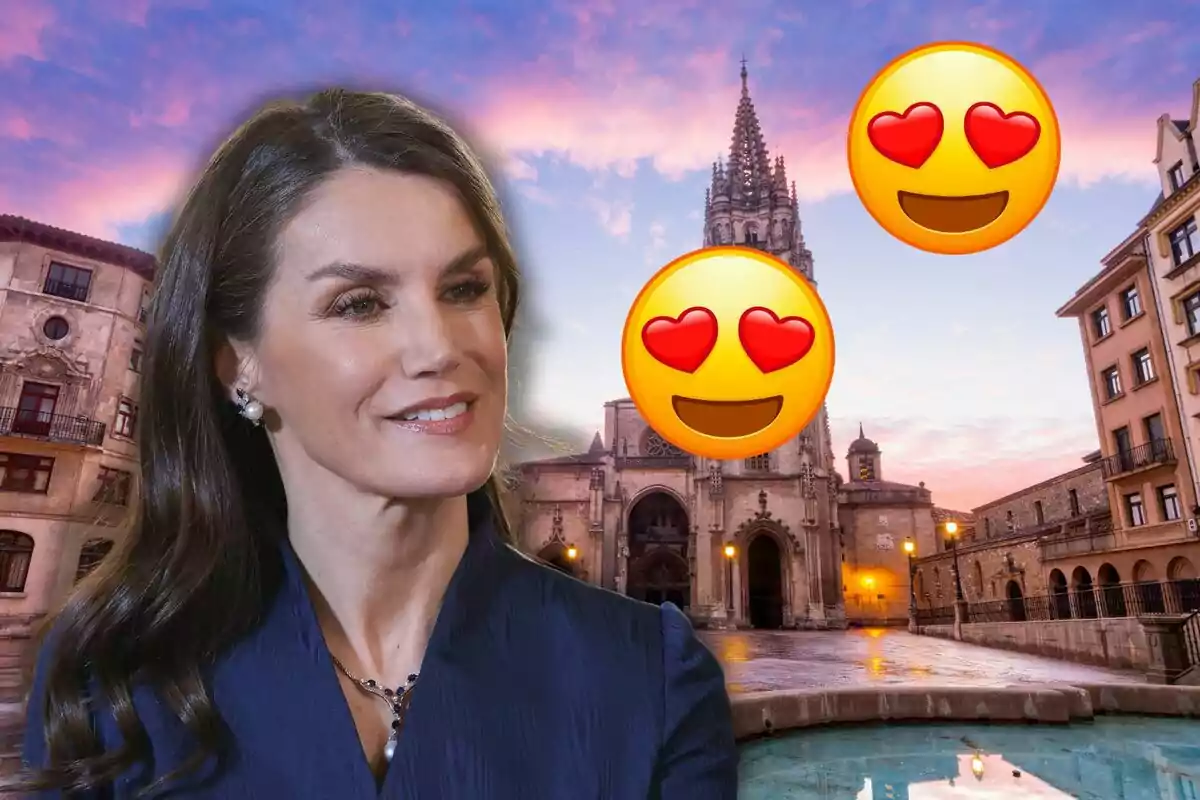 Una mujer sonriente con cabello oscuro y largo, usando aretes de perlas y un collar, aparece en primer plano con un fondo de una catedral y un cielo al atardecer, acompañada de dos emojis de cara con ojos de corazón.